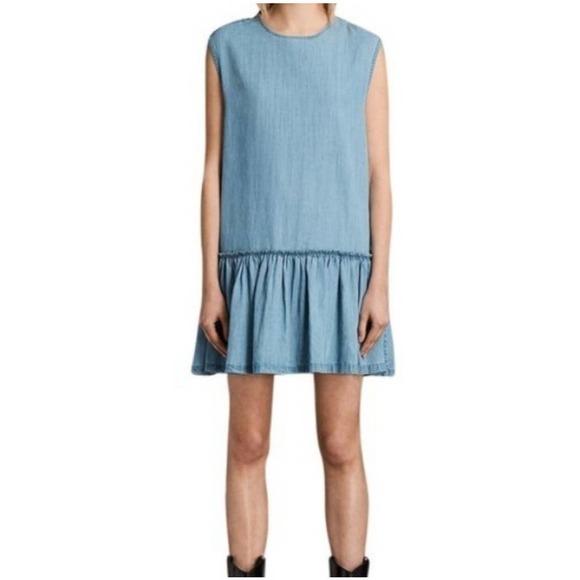 All Saints Polly Ruffle‎ Chambray Shift Dress Size Medium - Picture 1 of 9